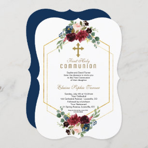 Invitation Bourgogne Floral Gold Hexagon Frame Sainte Communi