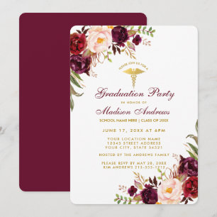 Invitation Bourgogne Floral Gold Médicale Grad Party Invitati