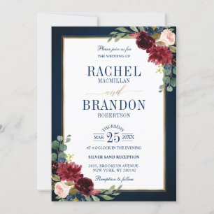 Invitation Bourgogne Floral Gold Navy Bleu Rustique Mariage I