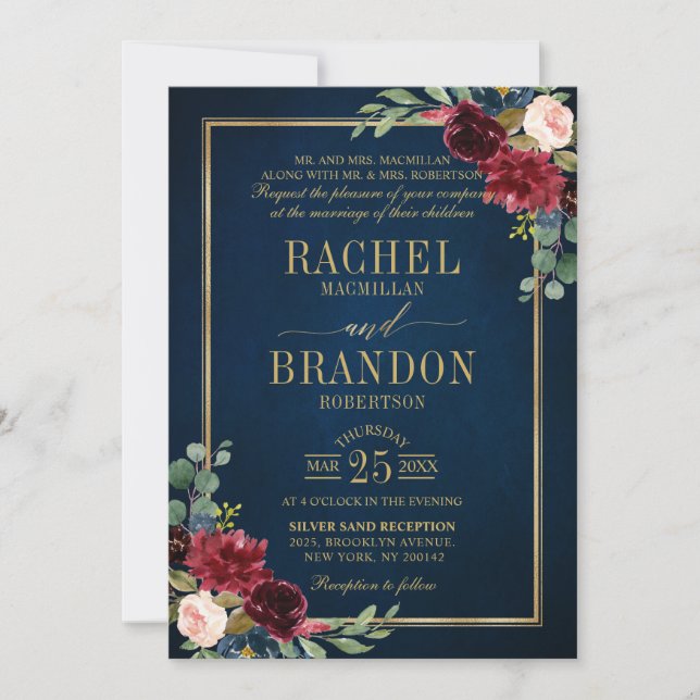 Invitation Bourgogne Floral Gold Navy Bleu Rustique Mariage I (Devant)