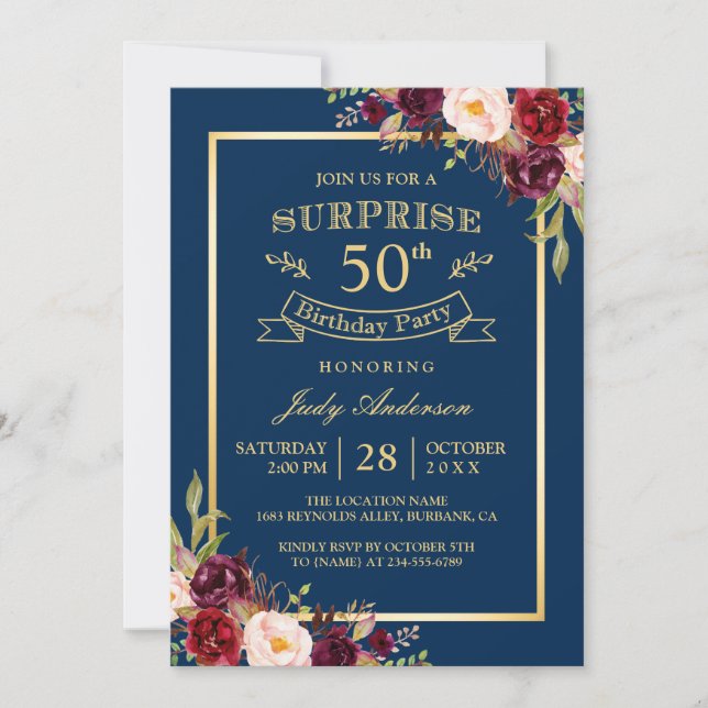 Invitation Bourgogne Floral Gold Navy Surprise Anniversaire (Devant)