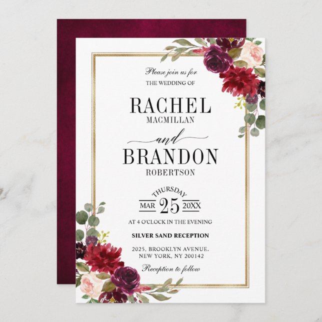 Invitation Bourgogne Floral Gold Rustic Mariage (Devant / Derrière)