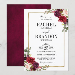 Invitation Bourgogne Floral Gold Rustic Mariage