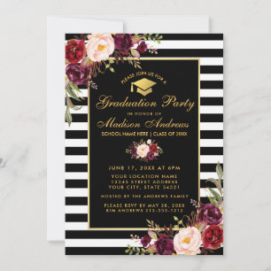 Invitation Bourgogne Floral Gold Striped Party