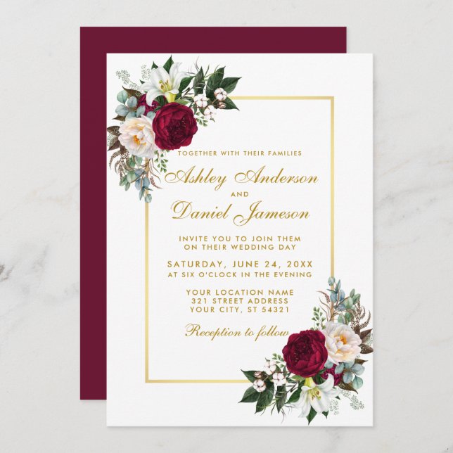 Invitation Bourgogne Floral Greenery Gold Frame Mariage (Devant / Derrière)