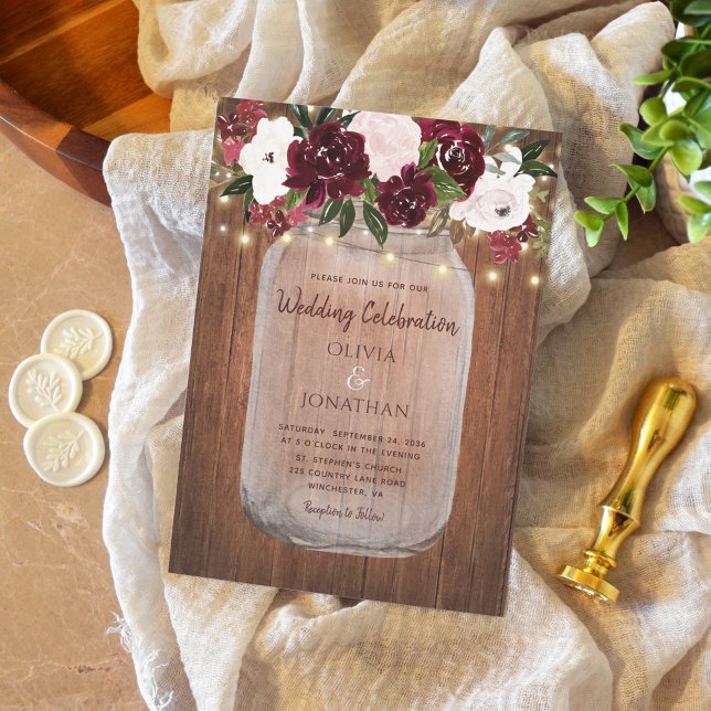 Invitation Bourgogne Floral Lumières Rustique Mariage bois (Créateur téléchargé)