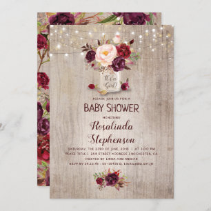 Invitation Bourgogne Floral Mason Jar Baby shower rustique