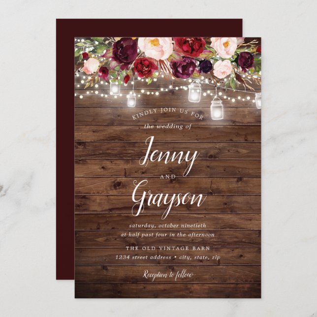 Invitation Bourgogne Floral Mason Jar Lumières Mariage en boi (Devant / Derrière)