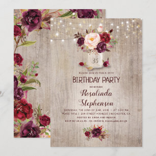 Invitation Bourgogne Floral Mason Jar Rustique Anniversaire