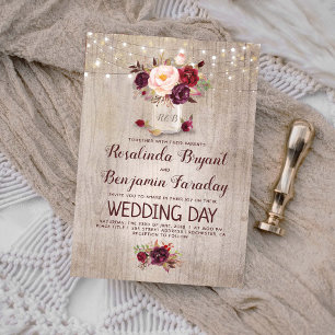 Invitation Bourgogne Floral Mason Jar Rustique Mariage