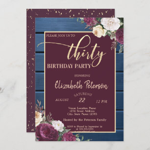 Invitation Bourgogne Floral Navy Blue Wood 30e anniversaire