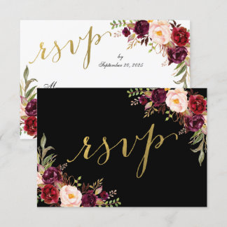 Invitation Bourgogne Floral Noir Faux Or Feuille de Réponse d