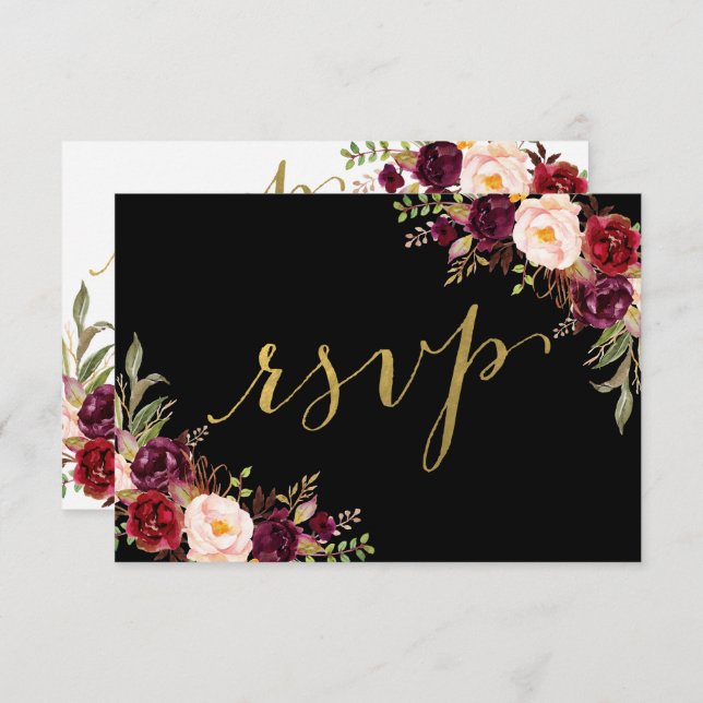 Invitation Bourgogne Floral Noir Faux Papier Doré Mariage RSV (Devant / Derrière)