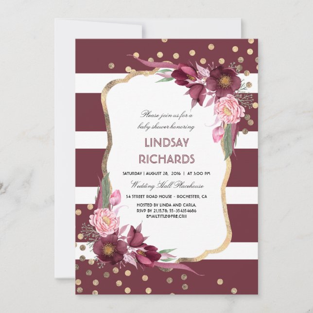 Invitation Bourgogne Floral Or Confetti Baby shower chic (Devant)