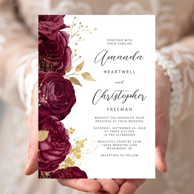 Invitation Bourgogne Floral Or Écriture Mariage (Créateur téléchargé)