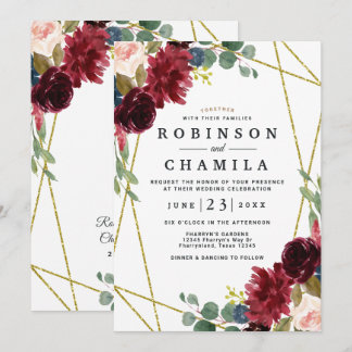 Invitation Bourgogne Floral Or Mariage de verdure géométrique