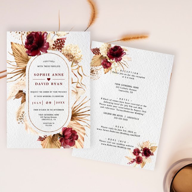 Invitation Bourgogne Floral Pampas Grass Tout en un Mariage (Burgundy pampas grass wedding invite, trendy terracotta floral wedding, modern floral dried leaves)