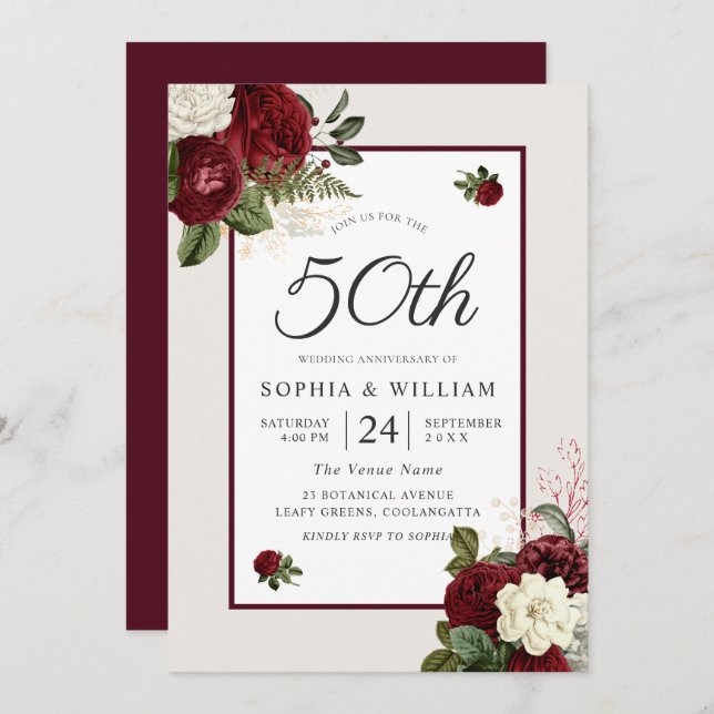 Invitation Bourgogne Floral Romantique 50 ans de Mariage (Devant / Derrière)