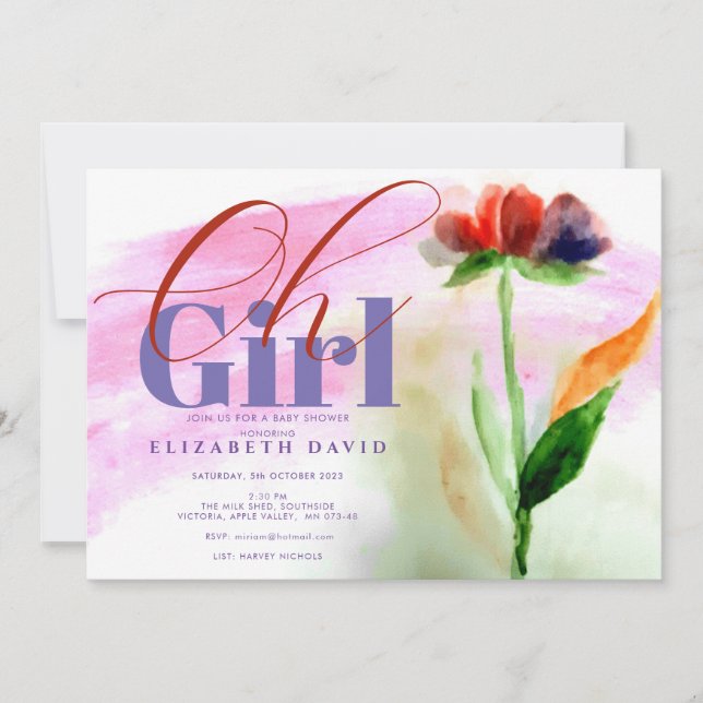 Invitation Bourgogne Floral rose Abstrait bébé fille douche (Devant)