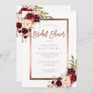 Invitation Bourgogne Floral Rose Gold Script Fête des mariées