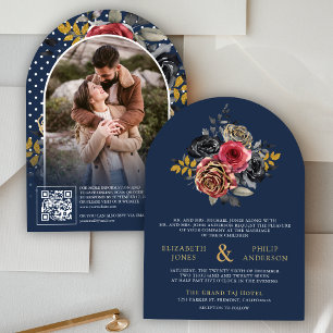Invitation Bourgogne Floral Roses QR Code Photo Mariage de la