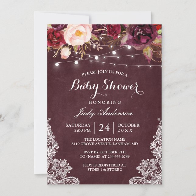 Invitation Bourgogne Floral String Lights Baby shower dentell (Devant)