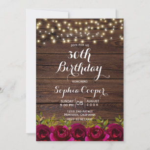 Invitation Bourgogne Floral String Lumières Bois 30e annivers