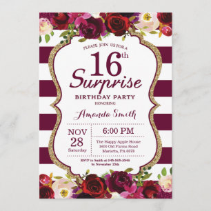 Invitation Bourgogne Floral Surprise 16ème anniversaire