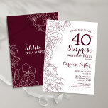 Invitation Bourgogne Floral Surprise 40e fête d'anniversaire<br><div class="desc">Burgundy et blanc floral surprise 40e anniversaire invitation fête. Elégant design moderne marsala vin maroon avec des accents botaniques et des caractères typographiques. Carte invitation florale simple parfaite pour une célébration anniversaire surprise femme élégante. Peut être customisé à n'importe quel âge. Invitations Zazzle imprimées ou téléchargement instantané modèle imprimable numérique....</div>