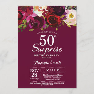 Invitation Bourgogne Floral Surprise 50e fête d'anniversaire
