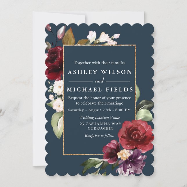 Invitation Bourgogne Floral Turquoise Vert moderne Mariage (Devant)