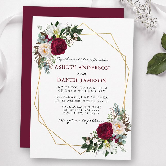 Invitation Bourgogne Floral Verdure Or Mariage B (Customize to change text color, style, add text & photos to back or change color of back of card.)