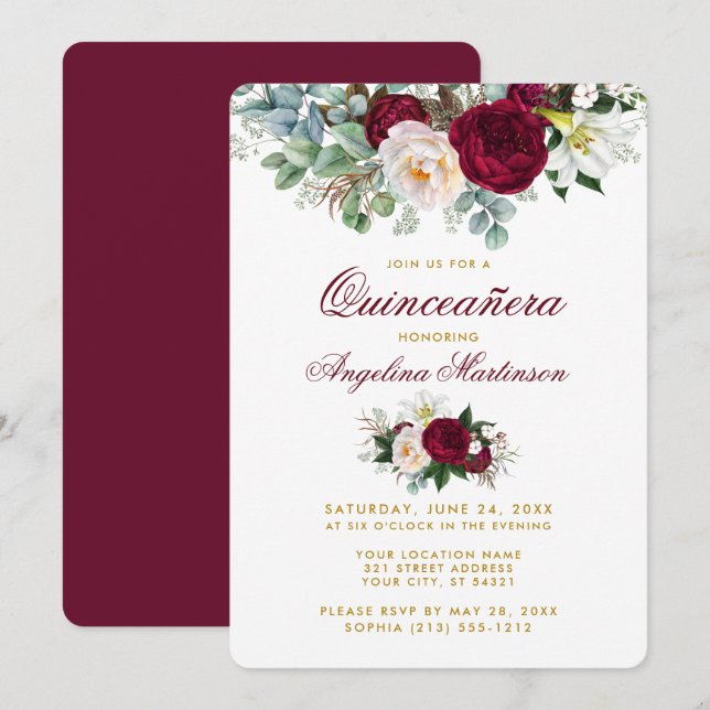Invitation Bourgogne Floral Verdure Or Quinceanera (Devant / Derrière)