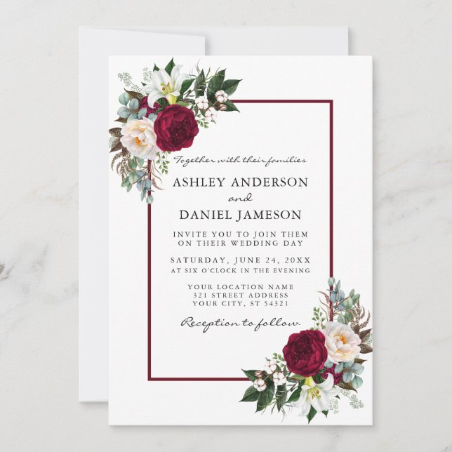 Invitation Bourgogne Floral Vert Mariage encadré (Devant)