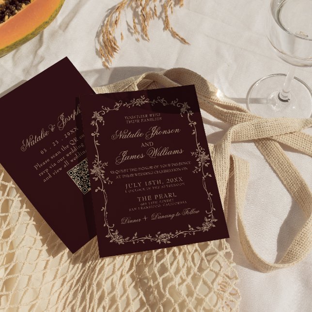 Invitation Bourgogne Floral Vieille Fortune Bohème Code QR Ma (Créateur téléchargé)
