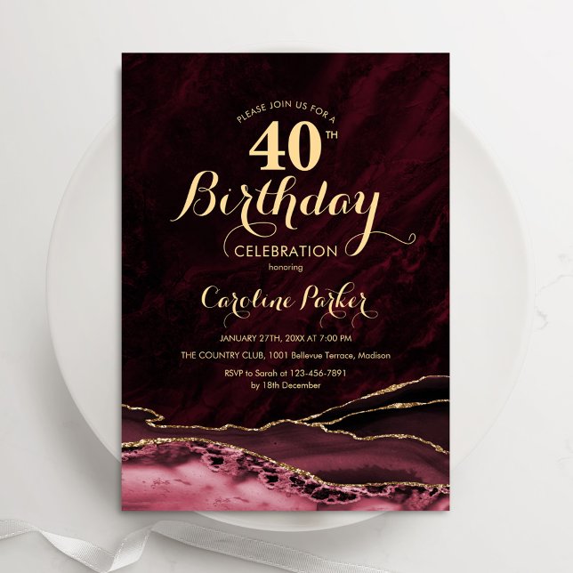 Invitation Bourgogne Gold Agate 40e anniversaire (Créateur téléchargé)