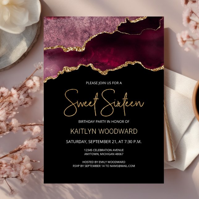 Invitation Bourgogne Gold Agate Dark Sweet 16 Anniversaire (Créateur téléchargé)