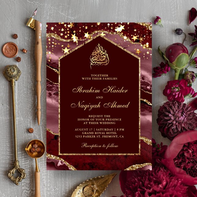 Invitation Bourgogne Gold Agate Marble Arch Mariage musulman (Créateur téléchargé)