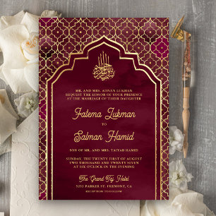 Invitation Bourgogne Gold Arch Marocain Mariage musulman
