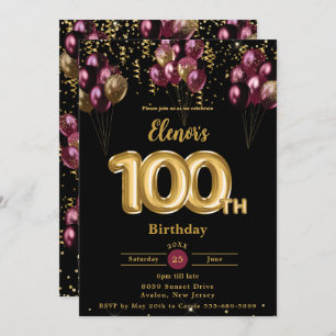 Invitation Bourgogne Gold Balloons Confetti 100e anniversaire