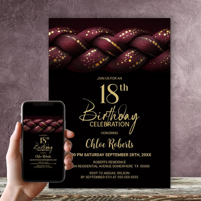 Invitation Bourgogne Gold Braid 18e fête d'anniversaire (Créateur téléchargé)