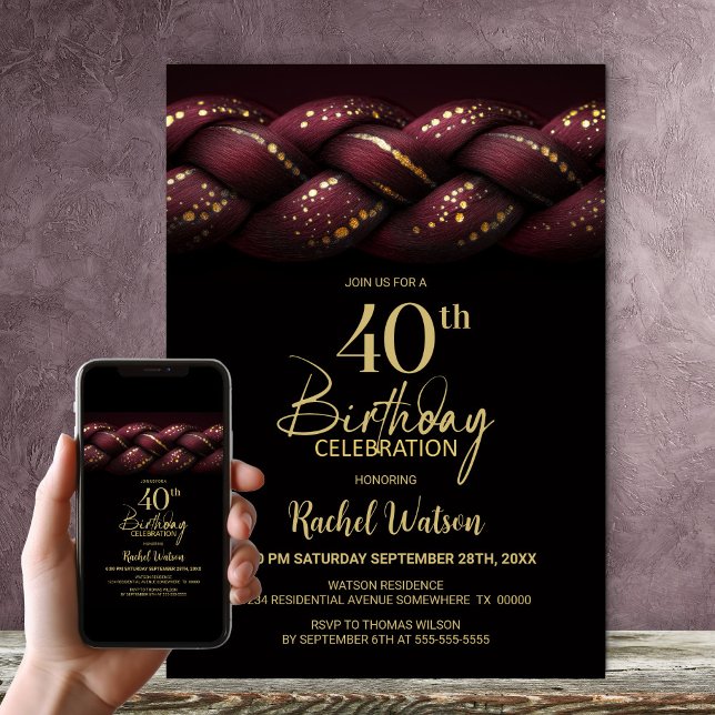 Invitation Bourgogne Gold Braid 40e fête d'anniversaire (Créateur téléchargé)