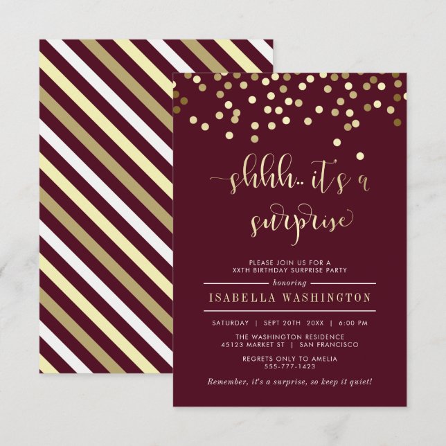 Invitation Bourgogne & Gold Confetti Surprise fête d'annivers (Devant / Derrière)