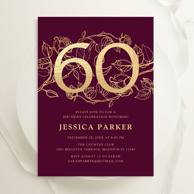 Invitation Bourgogne Gold Elegant 60e anniversaire (Créateur téléchargé)