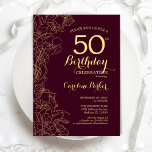 Invitation Bourgogne Gold Floral 50e fête d'anniversaire<br><div class="desc">Bourgogne Gold Floral 50e anniversaire de fête Invitation. Design minimaliste moderne marron avec accents de dessin botanique, faux feuille d'or et police de script de typographie. Carte invitation simple et tendance, parfaite pour une célébration anniversaire élégante. Peut être customisé à n'importe quel âge. Invitations Zazzle imprimées ou téléchargement instantané modèle...</div>