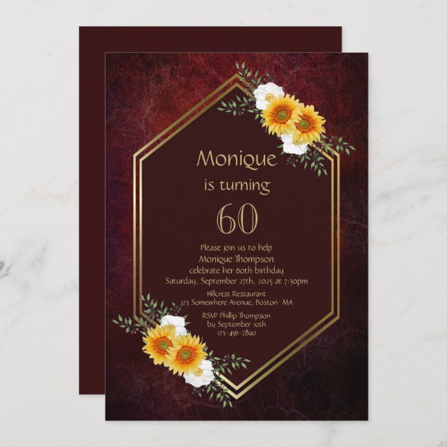 Invitation Bourgogne Gold Floral 60e fête d'anniversaire (Devant / Derrière)