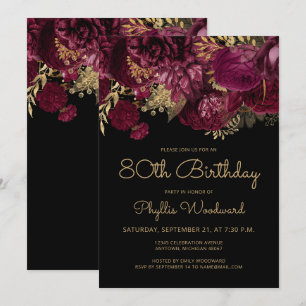 Invitation Bourgogne Gold Floral 80e fête d'anniversaire