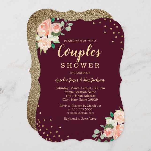 Invitation Bourgogne Gold Floral Confetti Couples Douche (Devant / Derrière)