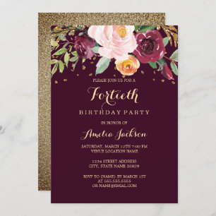 Invitation Bourgogne Gold Floral Parties scintillant 40e fête