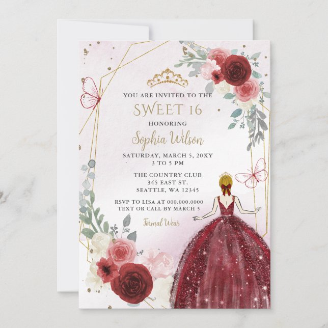 Invitation Bourgogne Gold Floral Princess Sweet 16 (Devant)